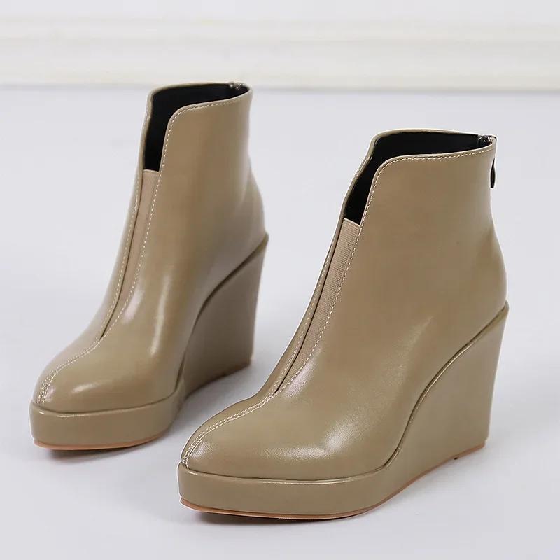 New Autumn Early Shoes Women Ankle Boots Platform Fashion Ladies Wedge Heels 10cm Pure Black White Big Size 42
