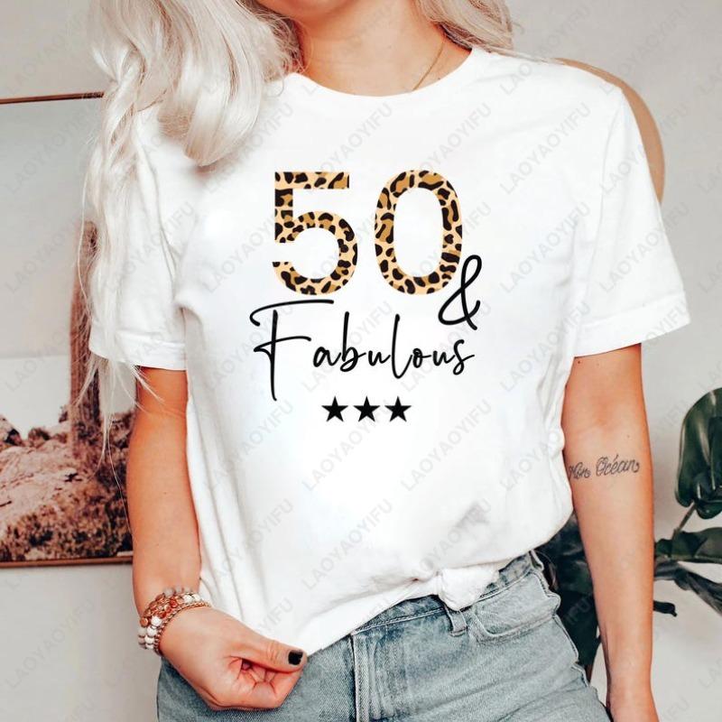 Mothers Day Mama Leopard Tshirt for Woman 50th Fabulous Bithday Age Perfect Gift Classics Aesthetic Tops Cool Cotton Cute Tee