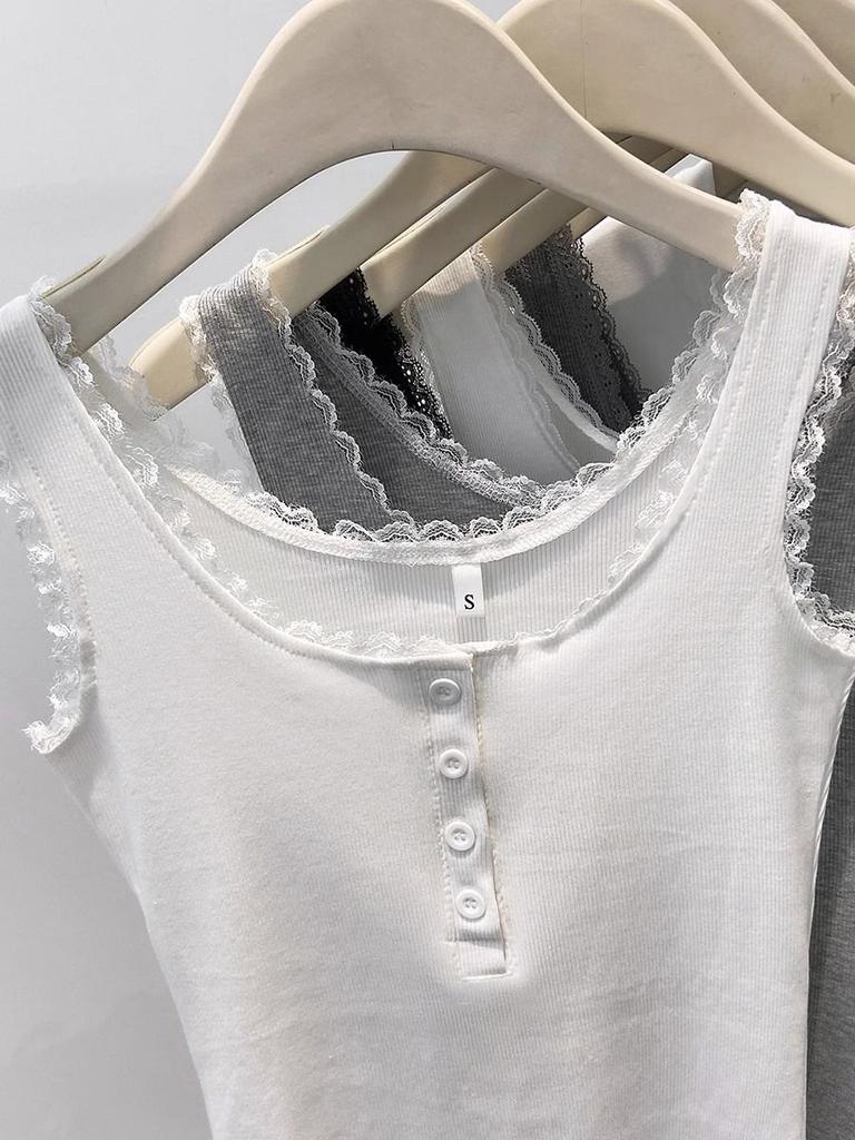 Koronkowe wykończenie, gładki prążkowany top na ramiączkach dla kobiet, wiosenny, zapinany na guziki, dekolt U, bez rękawów, dopasowany, prosty bawełniany podstawowy podkoszulek, słodkie topy Y2k