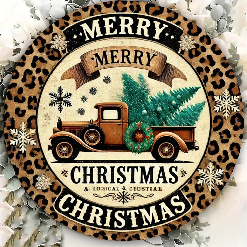 Vintage Christmas D Relief Art High Definition Metal Wall Art Set of Retro Round Iron Sheet Decor Includes Santa Truck Sno