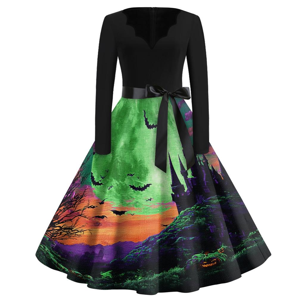 Womens Vintage Halloween Print Dress V Neck Long Sleeve Casual Retro Style Midi Dress with Waist Tie Belt