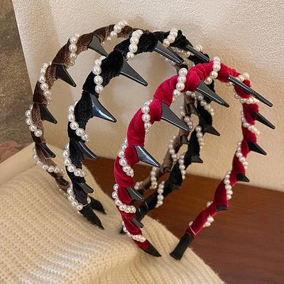 Vintage Velvet Pearl Wave Top Hairband For Women Girls  Sweet Anti-Slip Toothed Hairband Hair Accessories