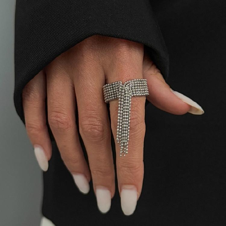 Party Outfit Ring with Flowing Drop Detail, Bead Chain Statement Design and Open Metal Tone Fit for Streetwear