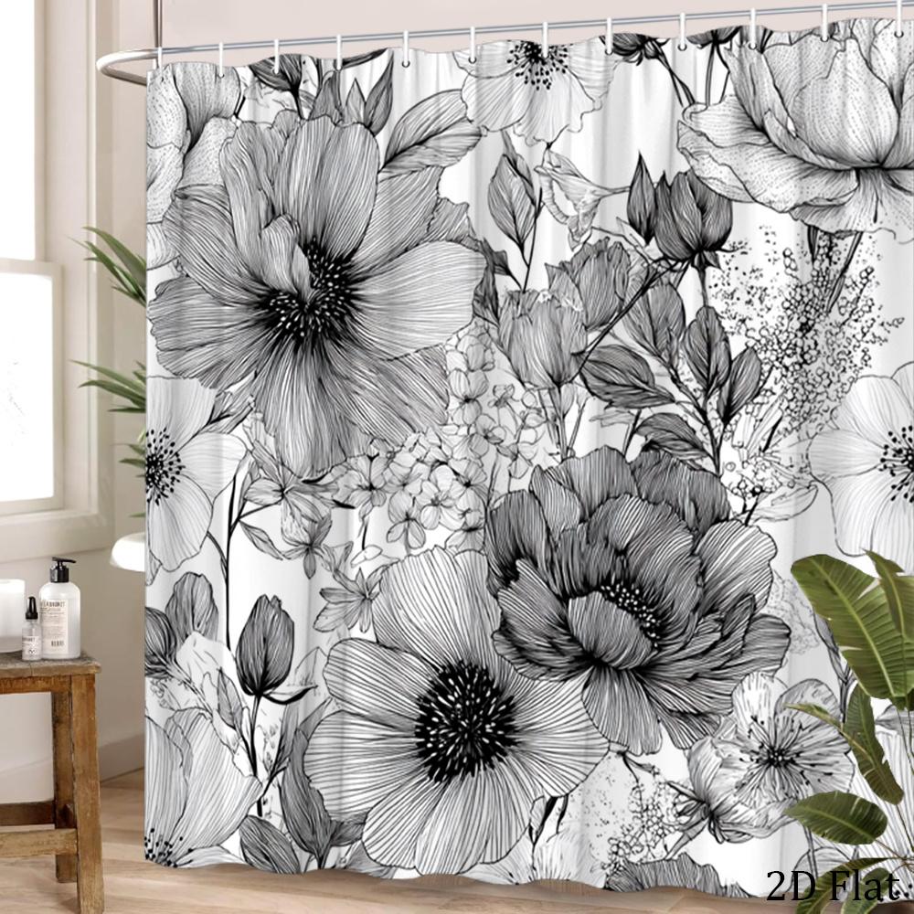 Waterproof Shower Curtain Black and White Botanical Line Art Floral Poppies Peonies Bathroom Decor 180x180cm Sketch Print