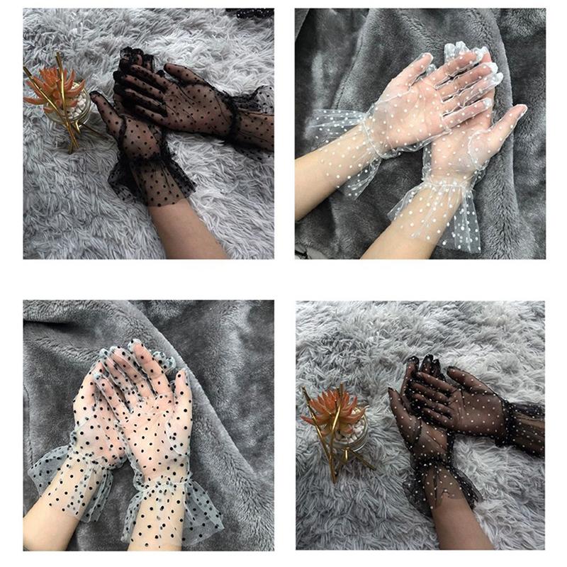 Paar Grace Herbst Sommer Damen Kurze Tüllhandschuhe Dehnbar Spitze Punkte Lotus