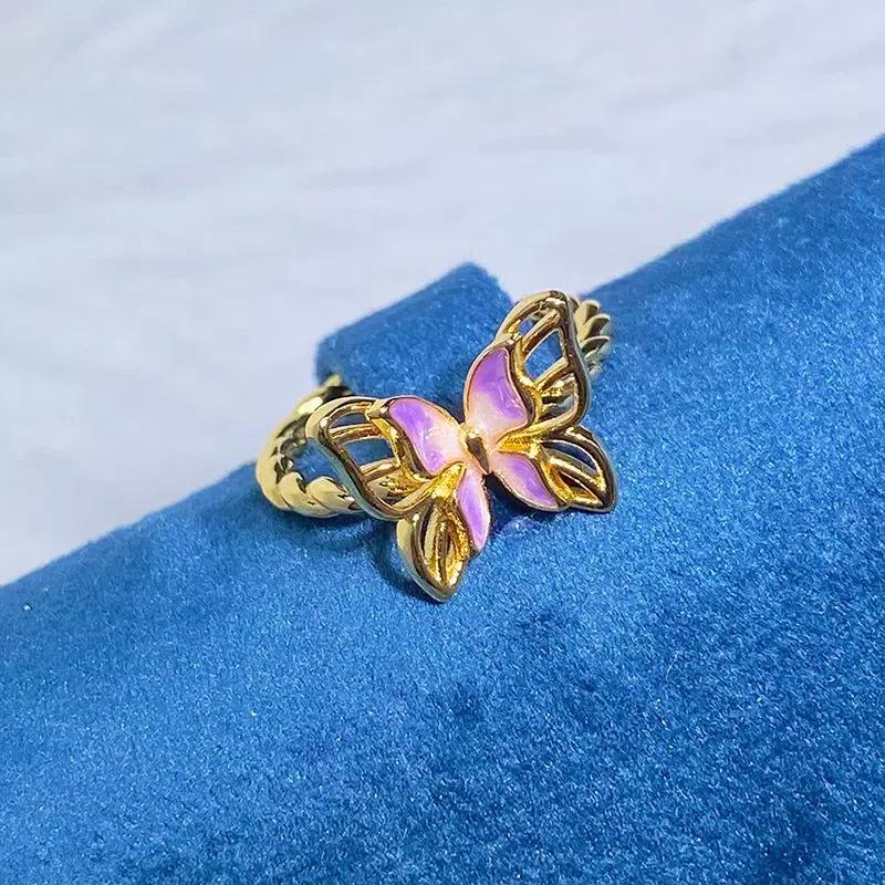 Spring And Summer Sea Blue Enamel Dripping Oil Flower Butterfly Opening Ring High Sense Personality Light Luxury Ring Women