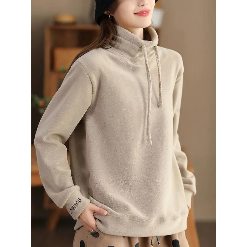 WTEMPO Soild Color Large Size High Collar Thick Drawstring Fleece Pullovers Women Autumn Winter Warm Long Sleeve Pullovers