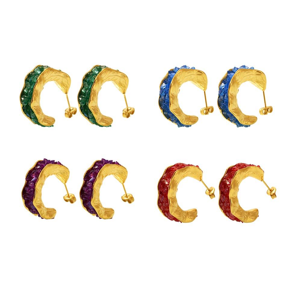 Fashion Colorful Crystal C-shaped Earrings For Women Stainless Steel Gold-plated Luxury Earrings Female Bohemia Zircon Gifts