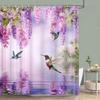 Purple Vineman Botanical Watercolour Shower Curtain Lavender Butterfly Floral Polyester Shower Curtain Bathroom Decor with Hooks