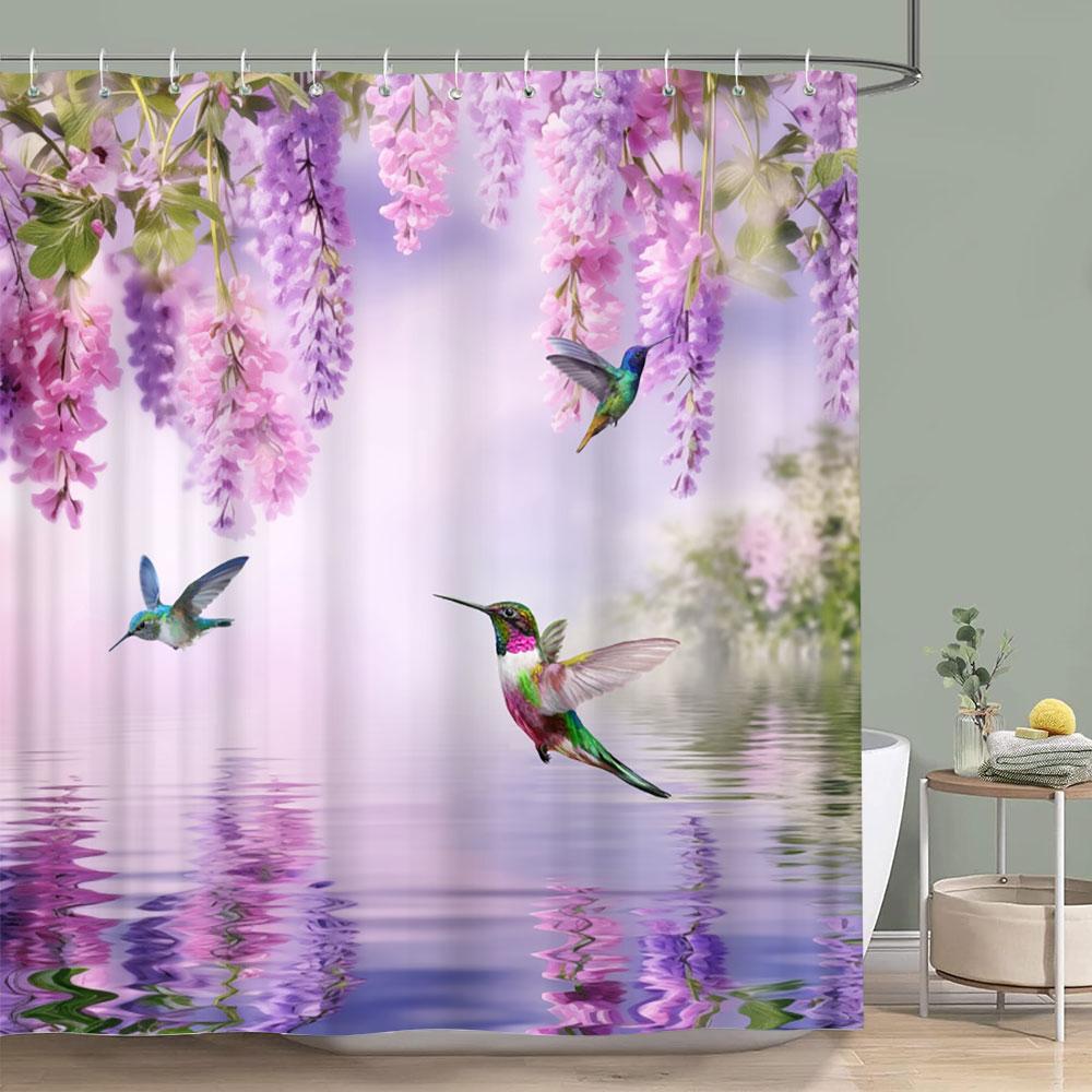 Purple Vineman Botanical Watercolour Shower Curtain Lavender Butterfly Floral Polyester Shower Curtain Bathroom Decor with Hooks