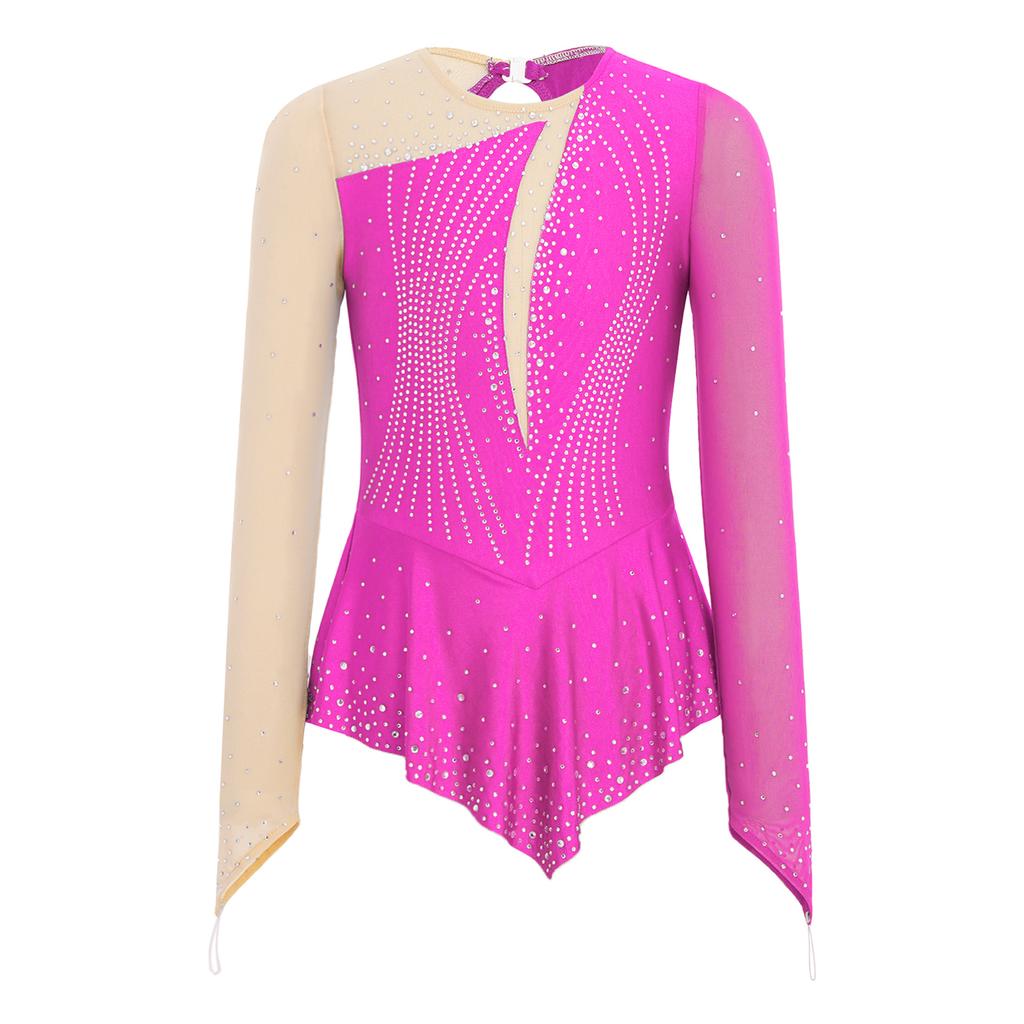 Girls Shiny Rhinestones Mesh Patchwork Dance Dress Asymmetrical Hem Long Sleeve Dancewear