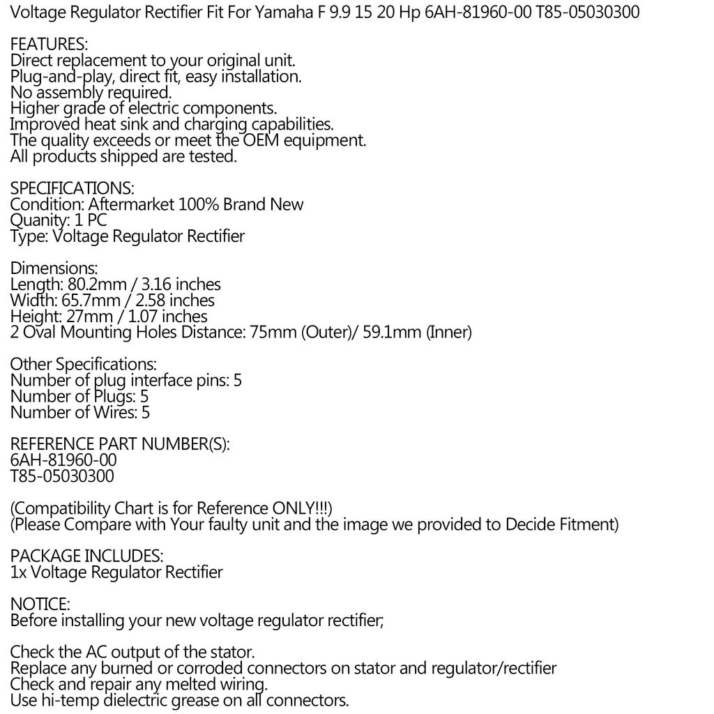 Rectifier Regulator Fit for Yamaha 9.9 / 15 / 20 HP 4-STROKE 6AH-81960-00-00