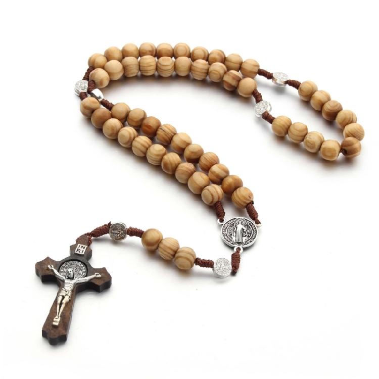Handmade Wood Rosary Catholic Necklaces Men Cross Prayer Religious Jewelry Gift