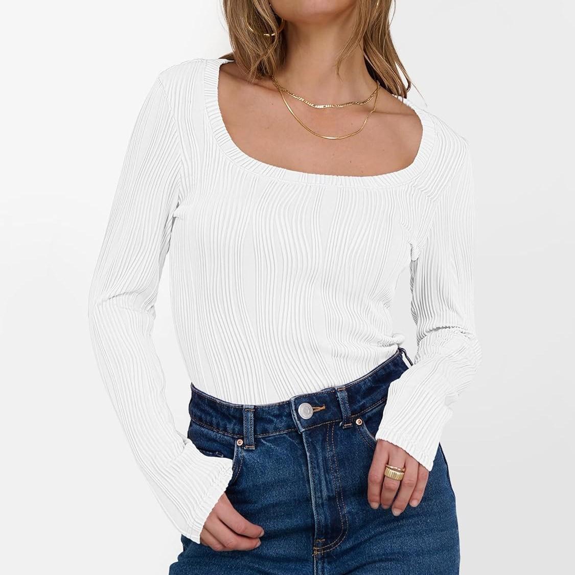 

Женская и зимняя футболка с тонким низом, модный повседневный однотонный свитер с круглым вырезом и длинными рукавами XL белый