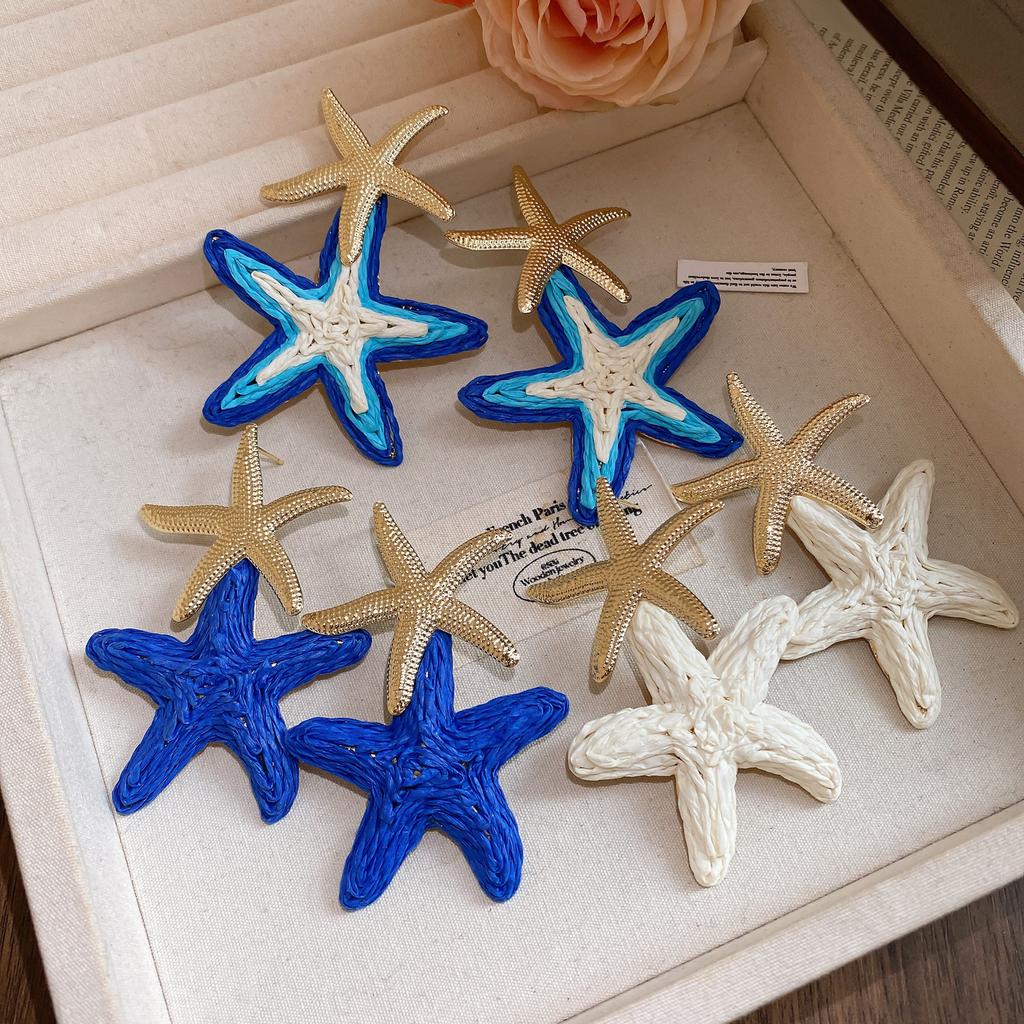 Silver Needle Raffia Star Stud Earrings Seaside Vacation Style