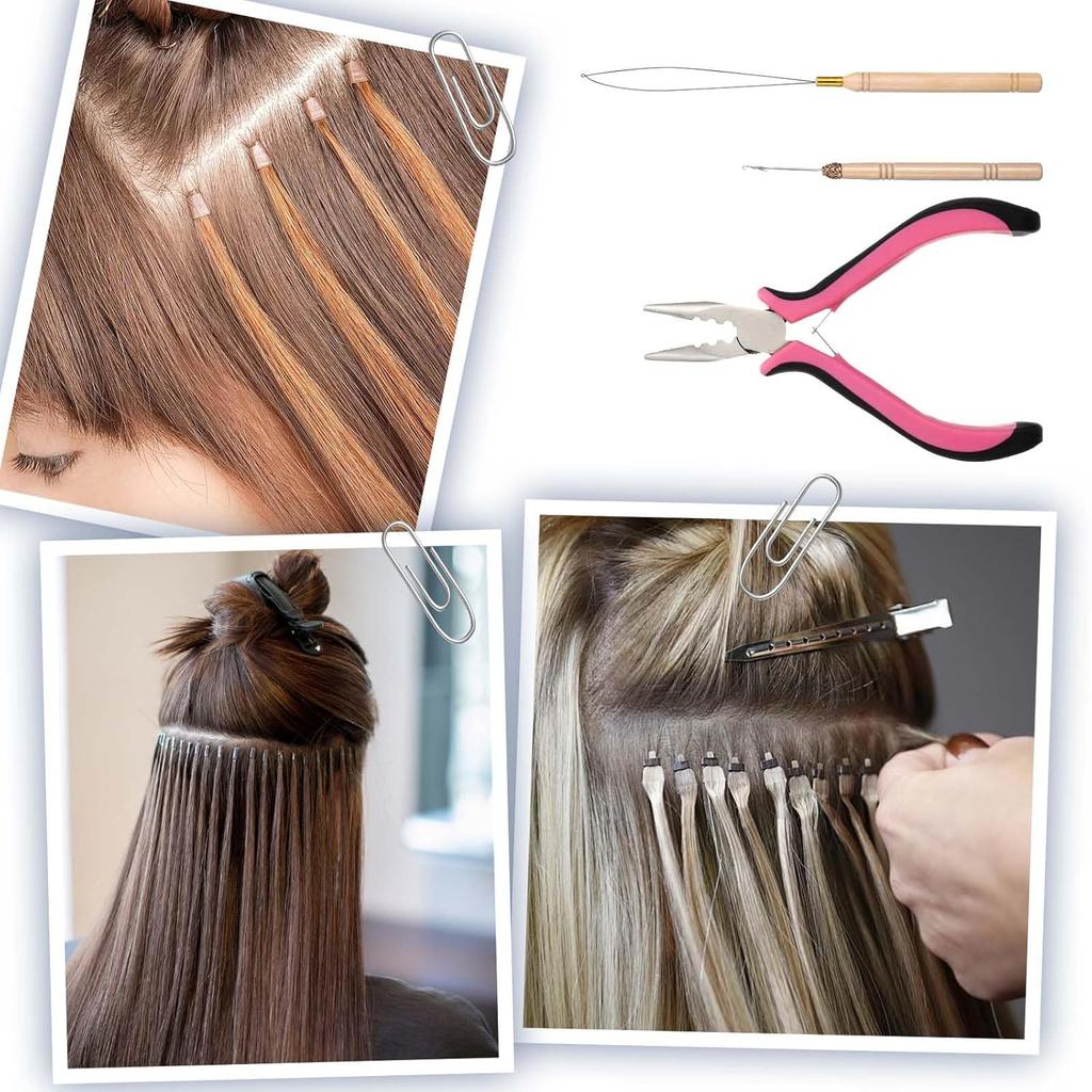 Hair Extension Tools Kit, 3 Pcs Microlinks Beads Tools Pliers Loop Needle Pulling Hook Tool 3-Hole Micro Links Hair Extensions Kit for Micro and Nano