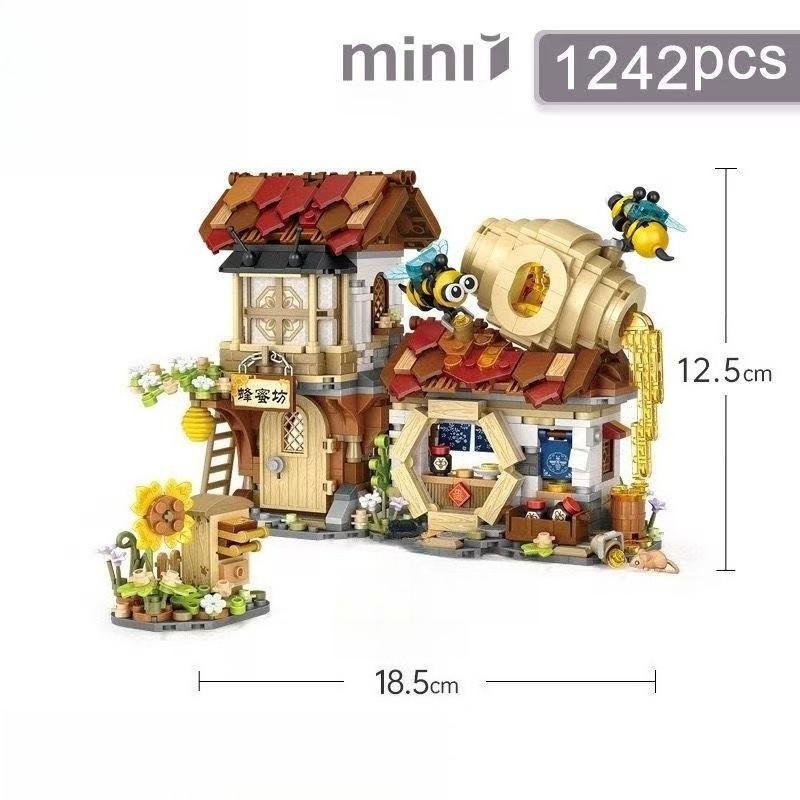 Creative Mini Street View Bee Shop Building Block Chinese Folding Pork Shop Assembly Bricks Toys Piglet Folding House Kids Gifts