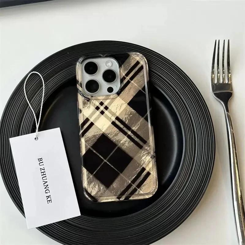 Retro Black Gold Diamond Grid Pattern Phone Case for IPhone Case 16 15 14 13 12 11 Pro XR XS Max 7 8 Plus Shockproof Back Cover
