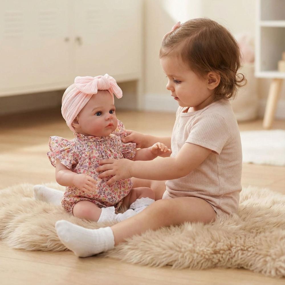 18 Inch Adorable Open Eyes Simulation Doll Meadow Wear Floral Romper Cloth Body Silicone Full Body Optional Reborn Dolls for Child Birthday Xmas Gifts