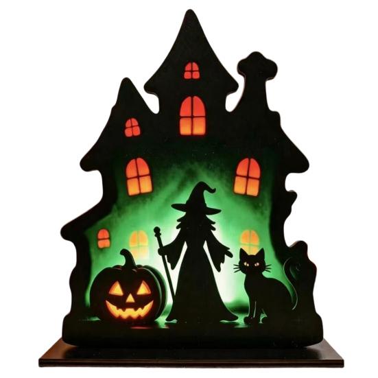 DYS Witch Wooden Table Centerpiece, Spooky Castle Black Cat Standing Tabletop Ornament for Halloween Party, Desk Tiered Tray Decor