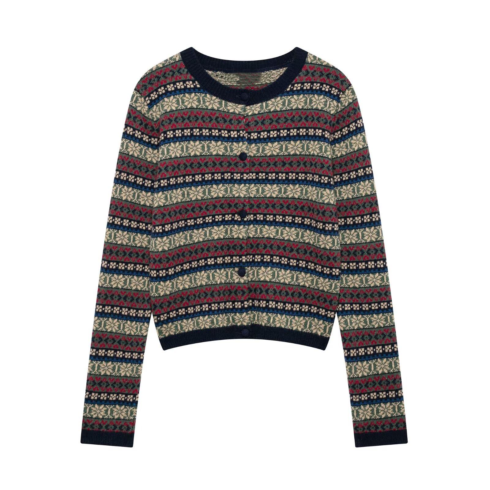 

2025 Spring Women s Slim Fit Jacquard Round Neck Long Sleeve Knit Cardigan Small