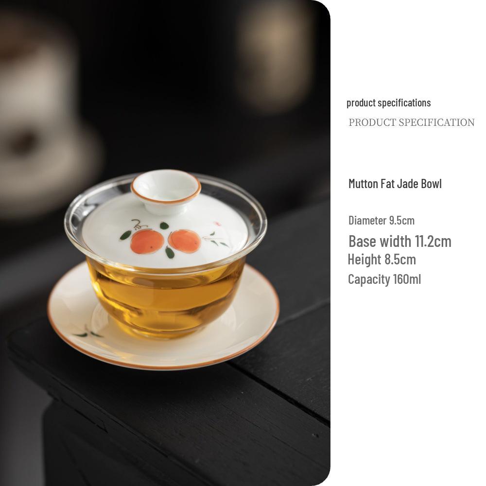 Chinese Hand-Painted Gaiwan Tea Set with Borosilicate Glass and Mutton Fat Jade White Porcelain
