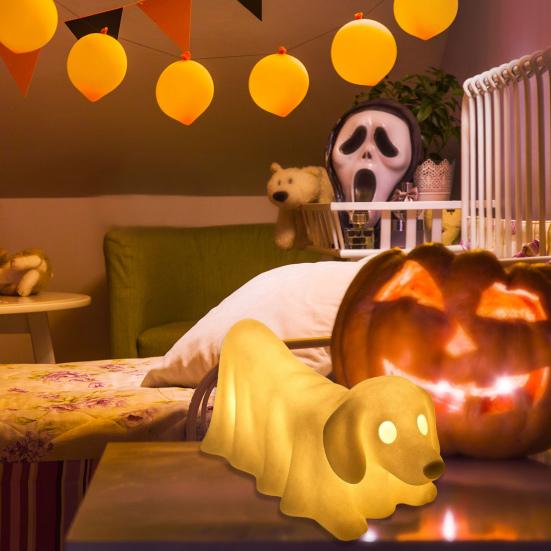Halloween Ghost Dog Lamp Glowing Dachshund French Bulldog Nightlight LED Resin Draped Ghost Dog Figurine for Home Bedroom Desk Decor