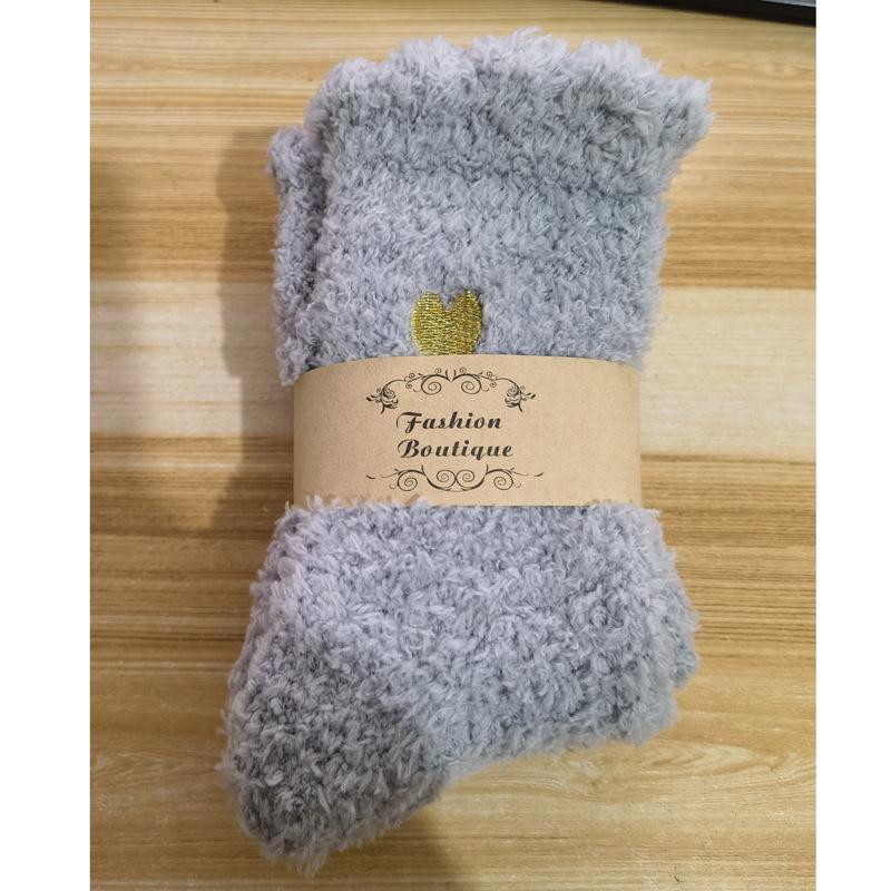 Women's Heart Embroidered Coral Fleece Mid-Calf Sleep Socks - Winter Warm and Thickened