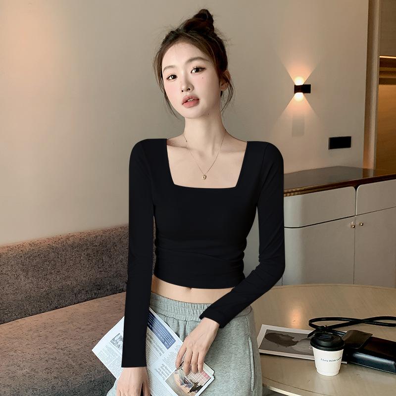 

Женская футболка с квадратным вырезом и длинными рукавами, весенний новый стиль, прилегающая к талии, тонкая базовая хлопковая футболка S чёрный