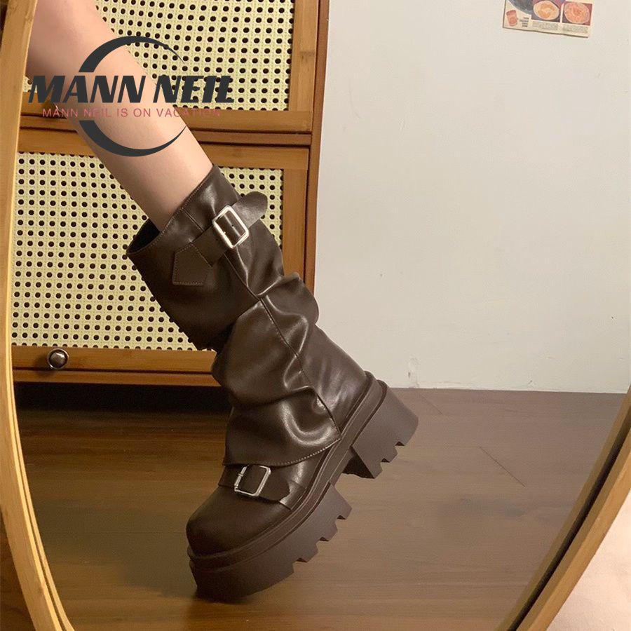 

Женские винтажные коричневые ботинки до середины икры на массивной подошве, увеличивающие рост, коллекция весна/осень 2025. 39