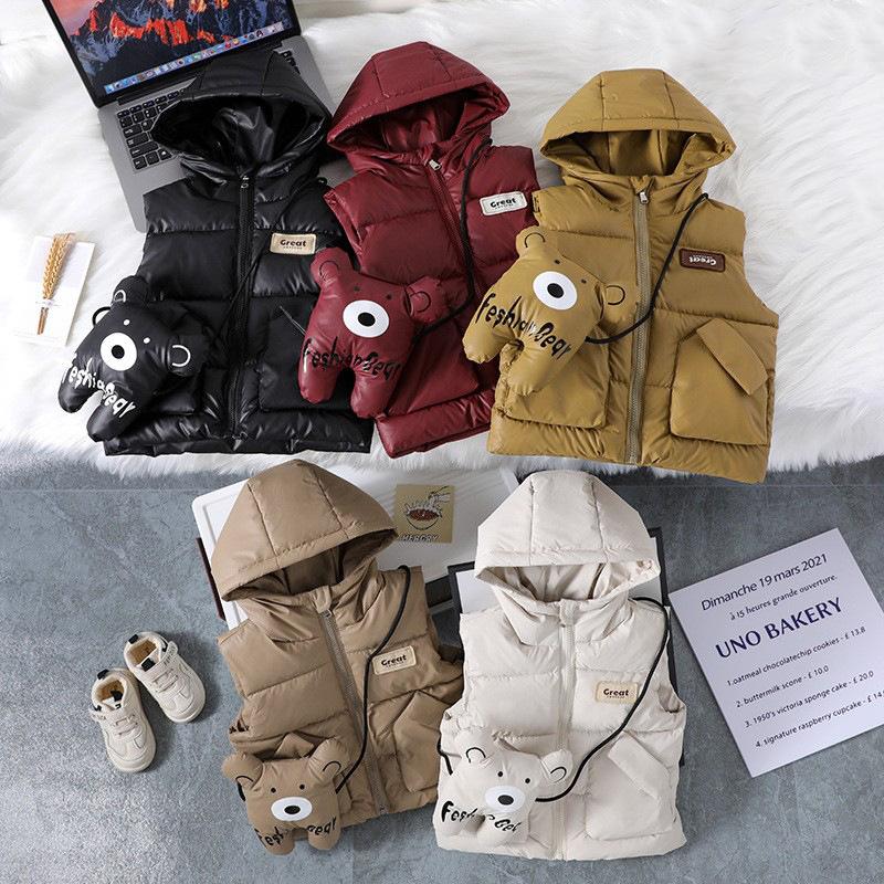 Backpack-ear Children's Down Cotton Vest, Autumn and Winter Thick Outerwear Hooded Vest for Boys and Girls