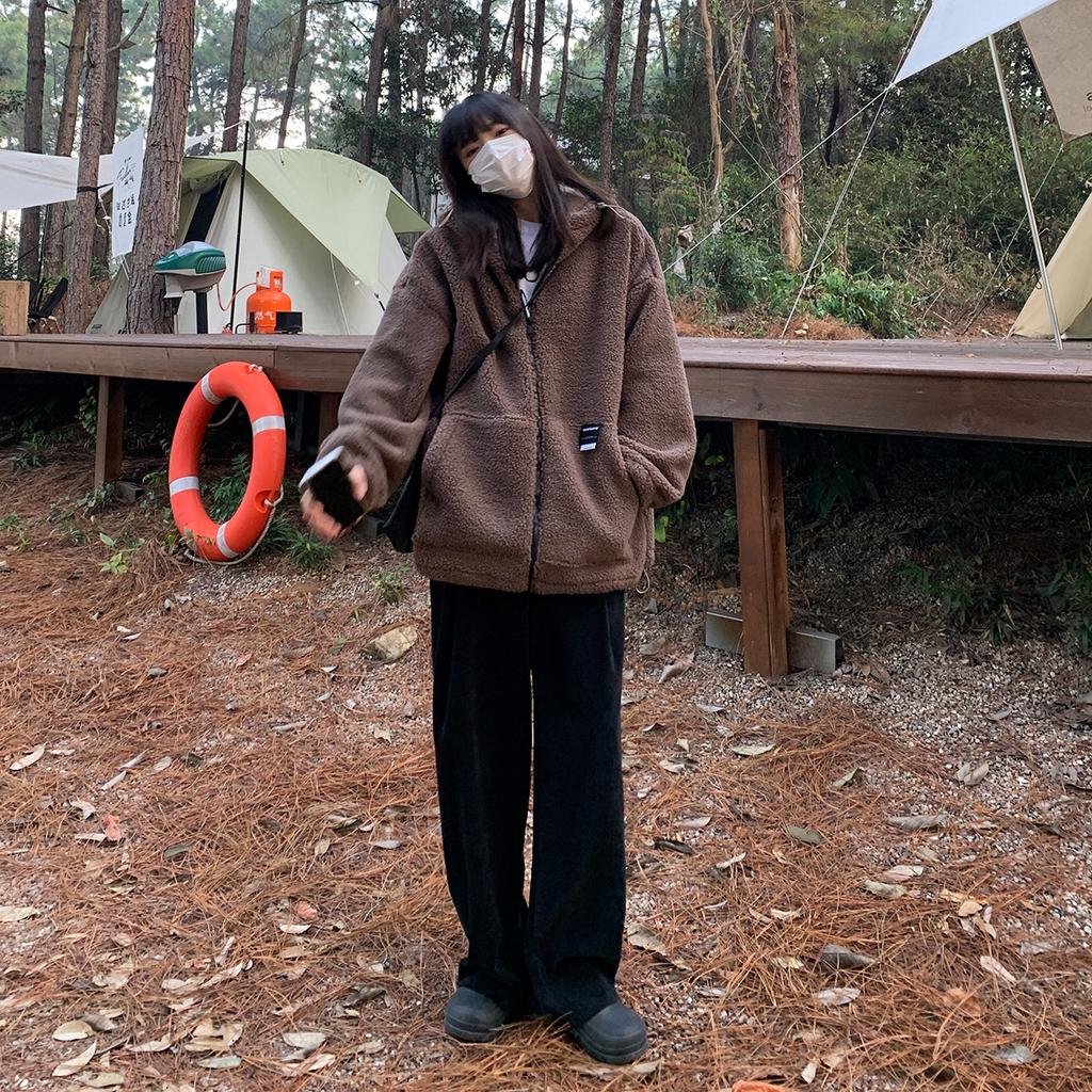 Lambskin Thickened Hooded Jacket for Women, Loose and Warm Cotton-padded Cardigan for Slimming in Autumn and Winter