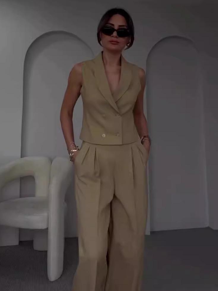 2024 Summer European & American Solid Color Lapel Sleeveless Vest and Wide-Leg Long Pants Set