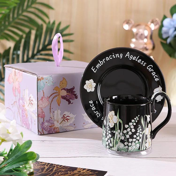 Flower Ceramic Coffee Cup and Dish Set Gift Box Water Cups Breakfast Cup Milk Mug Juice Mug Afternoon Tea Cups Coffee Mugs