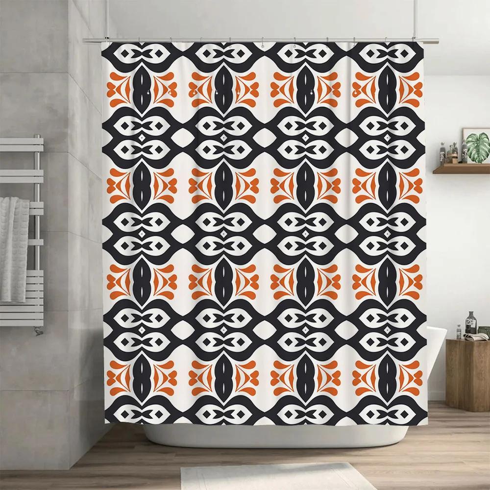 Modern Geometric Shower Curtain Printed Fabric Waterproof Bathroom Decor Black White Orange