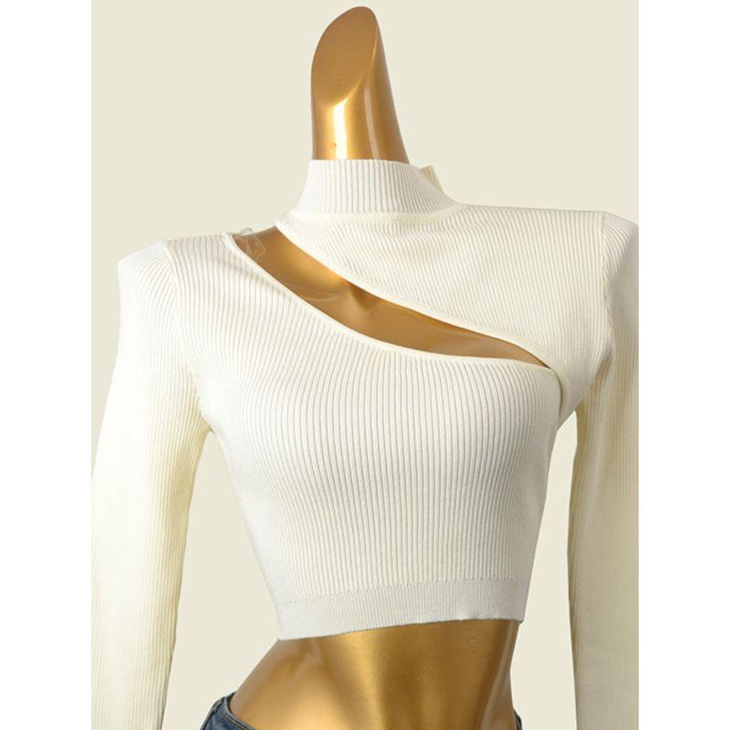 Fashion Retro Sexy Half Turtleneck Chest Oblique Cut Opening High Waist Short Long Sleeves Knitwear Foreign Trade Original Order Tops