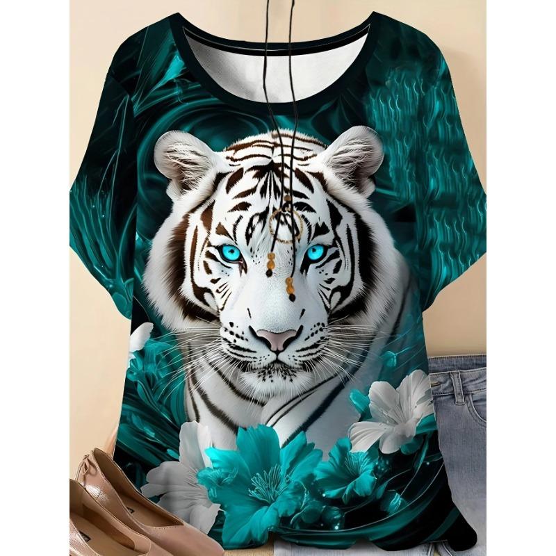 Letni Damski T-shirt Casual z Nadrukiem 3D Tygrysa Krótki Rękaw Damski Sportowy Casualowy T-shirt Szybkoschnący Oddychający