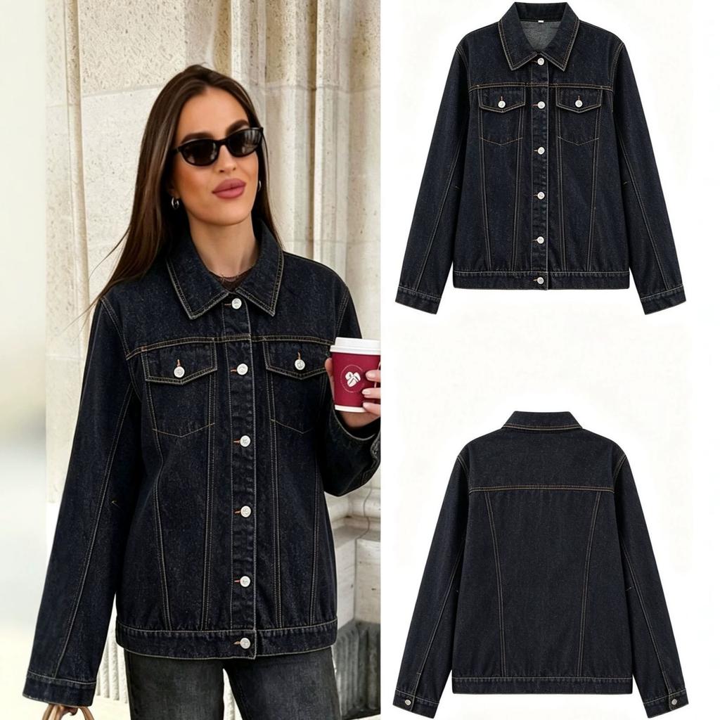 Women's Button Lapel Denim Jacket, Spring Autumn Loose Long Sleeve Casual Jean Outerwear Coat for Daily Street Wear
