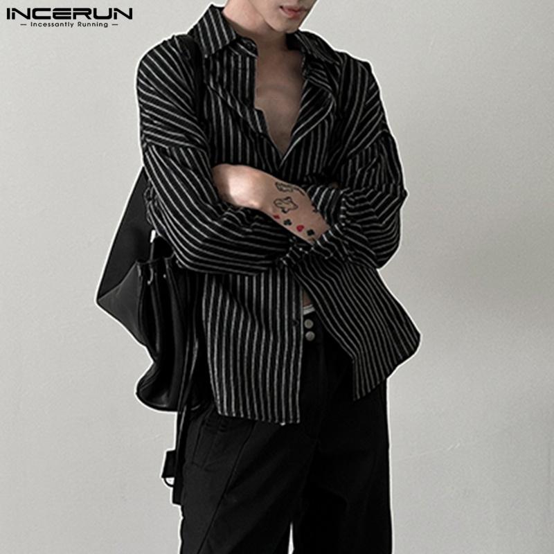 Oversized Men Incerun Neck Lapel Long Sleeve Striped Casual Loose Shirts Tops