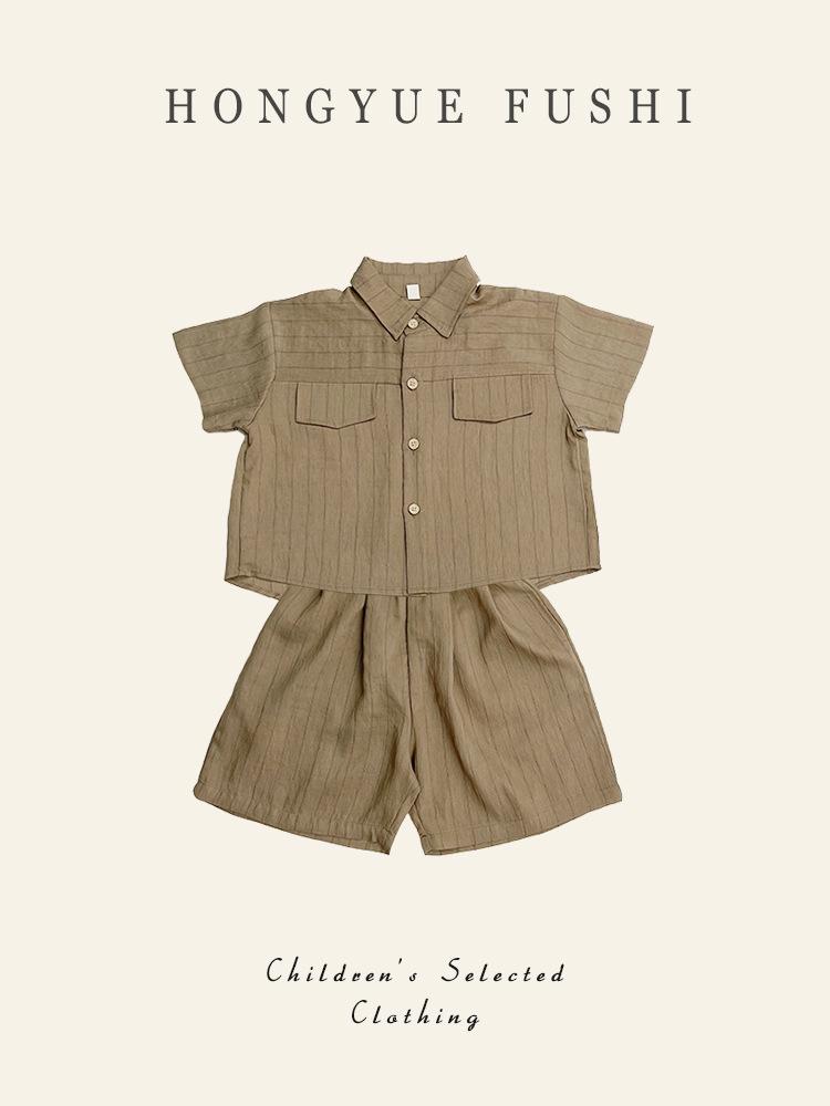 Baby Jungen Baumwoll-Leinen Gestreiftes Hemd & Shorts Set - Kurzarm Sommer Outfit