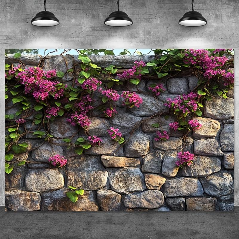 1pc, 2Dflat, Lush Garden Stone Wall and Floral Photography Backdrop, Suitable for Spring/Summer Themed Decorations, Wsj