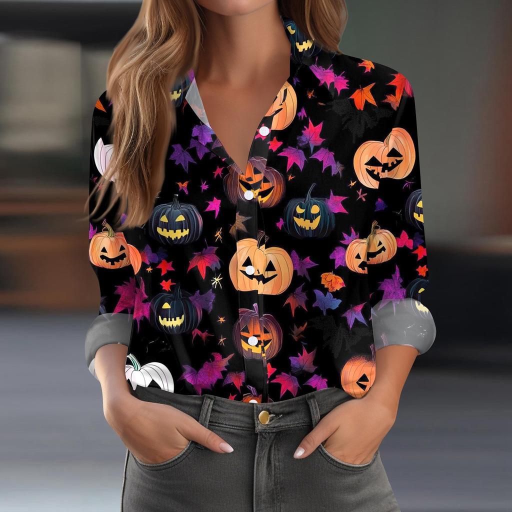 Damen Hemd Bluse Halloween Print Knopf Langarm Lässig Basic Hemdkragen Regulär Top