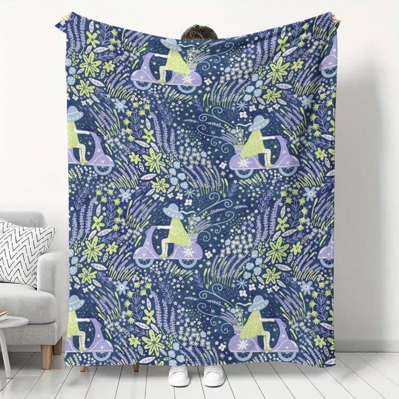 1pc Forest Style Girly Riding Motorcycle Printed Flannel Blanket, Home Warm Nap Blanket, Bedroom Dorm Sofa Casual Blanket, Soft And Skin-Friendly All-