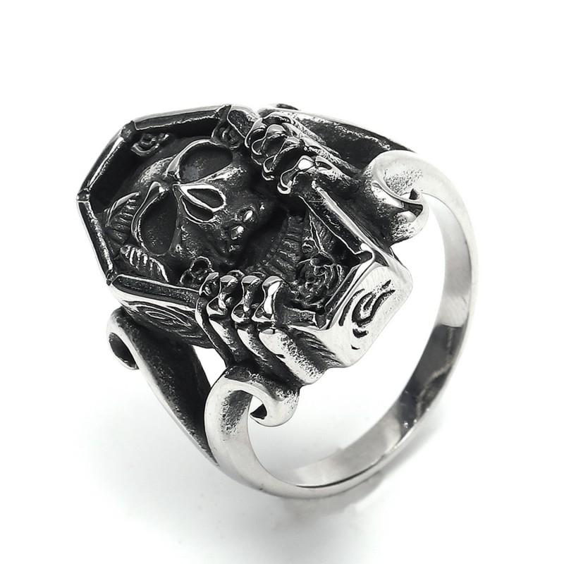 Adjustable Skull Coffin Ring In Antique Sterling Punk Gothic Unisex Jewelry