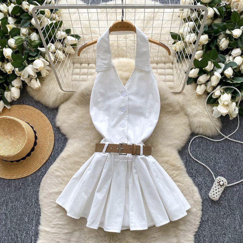 

Western Style Hanging Neck Demin dress Women Summer Retro Distressed Belt Sexy Backless Design Gyaru Pleated Skirt White M