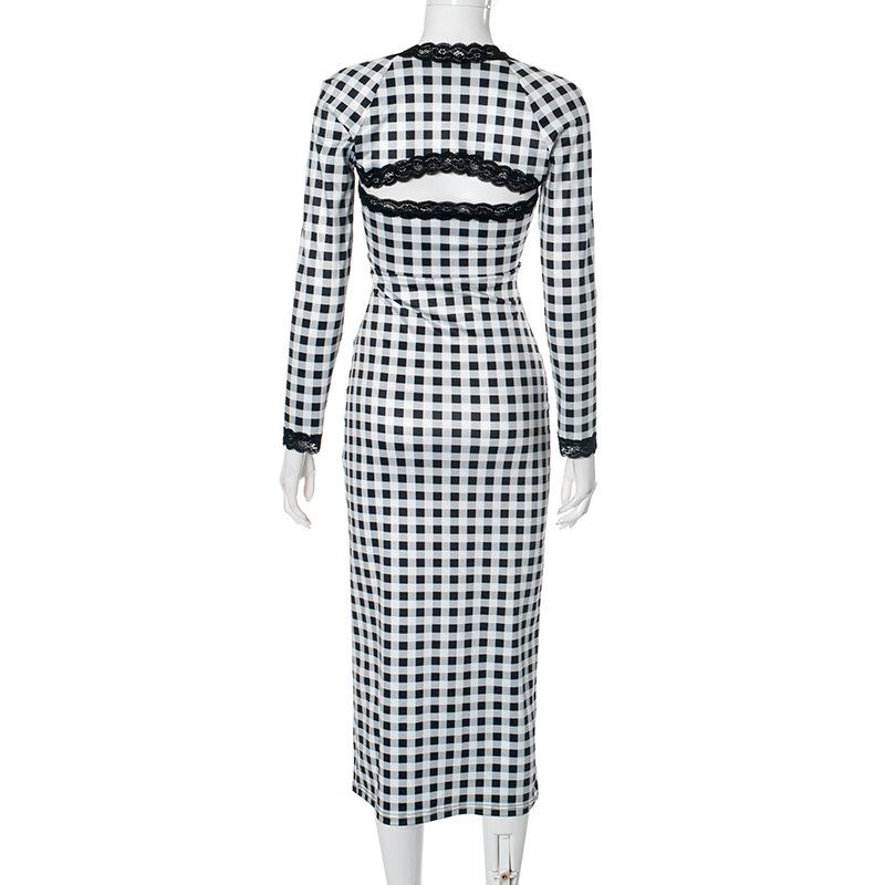 Women's  Lace Plaid Printed Sheath Dress Patchwork Shawl Two Piece Set