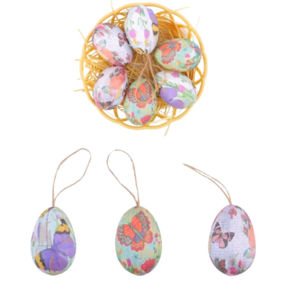 6pcs Foam Painted Easter Eggs Pendant with Basket Butterfly Egg Hanging Ornament  Home Decoration