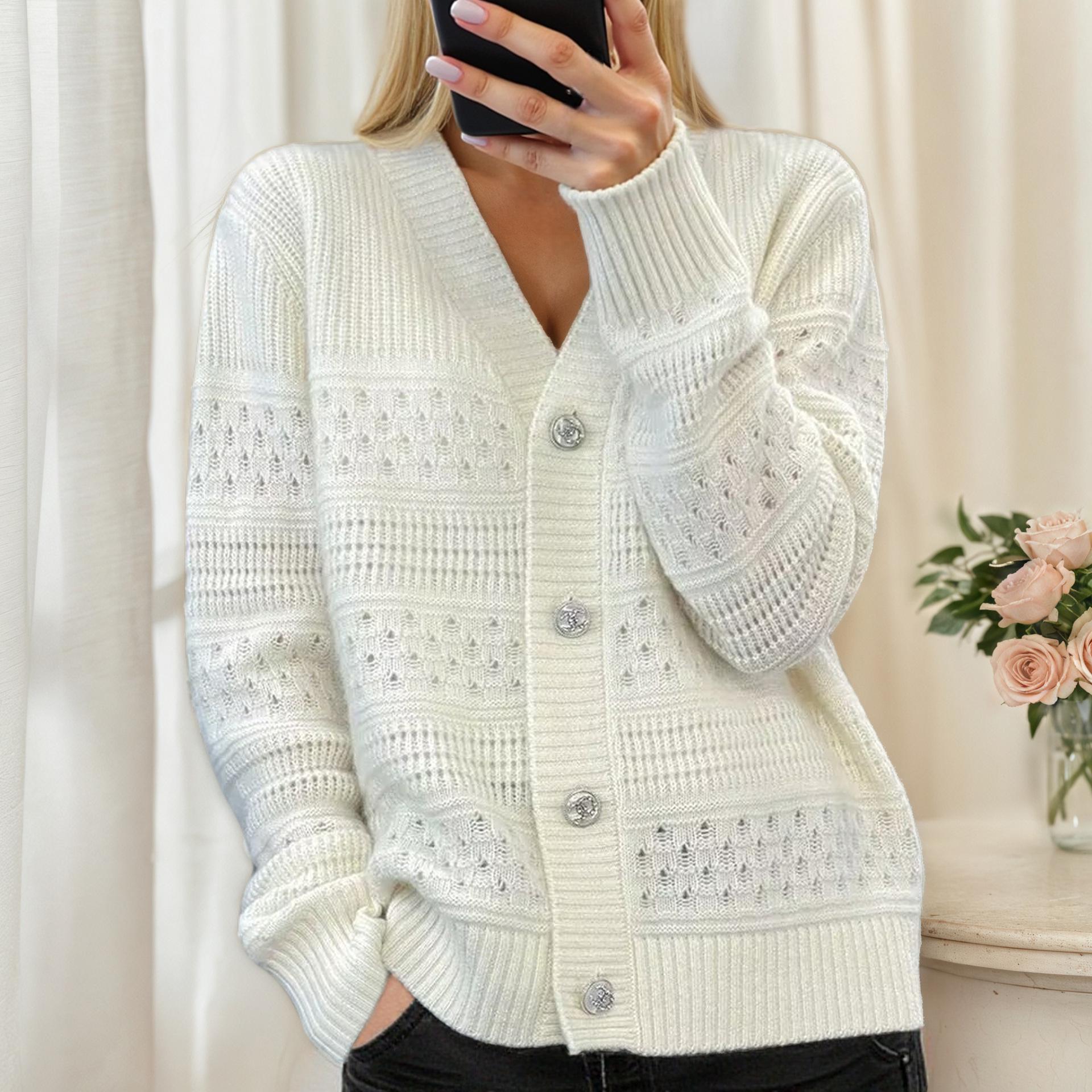 V-Neck Color Block Long Sleeve Knitted Cardigan Sweater Coat for Women - Autumn/Winter 2025. XL