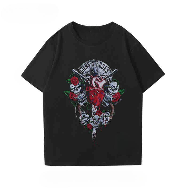 2024 New Fashion Gunsn Rose Men's and Women's Short Sleeve Vintage Rose Print Vintage High Street Loose Casual T-shirt