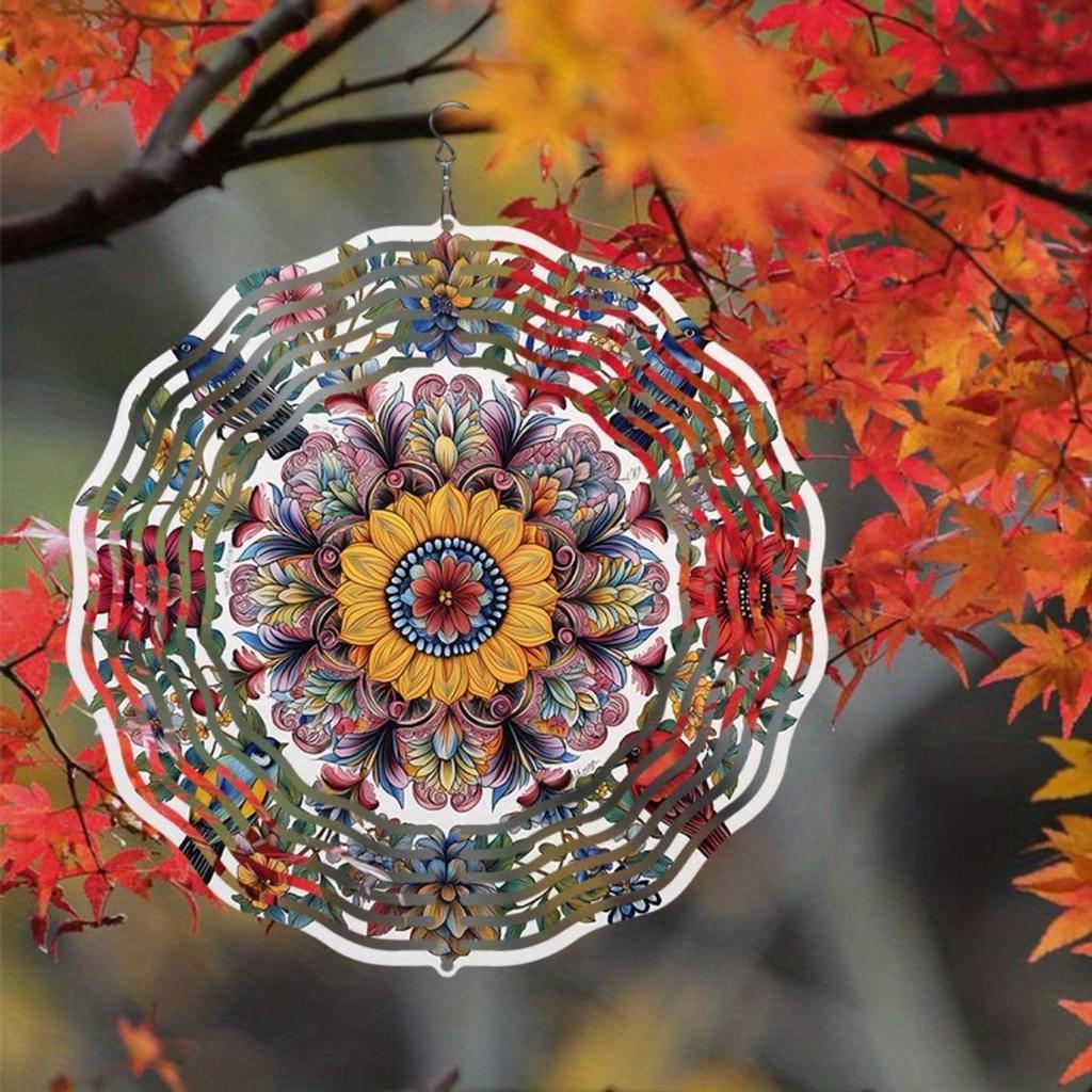 3D Kovová Větrná Zvonkohra Art - Elegantní Větrný Mlýn s Mandala Ptákem a Květinovým Designem, Dynamická Venkovní Zahradní Dekorace
